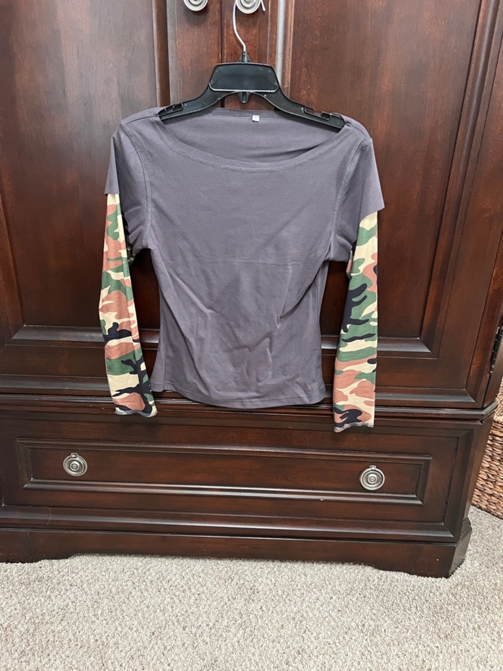 Women’s Charcoal Long Sleeve Top with Camo Sleeves